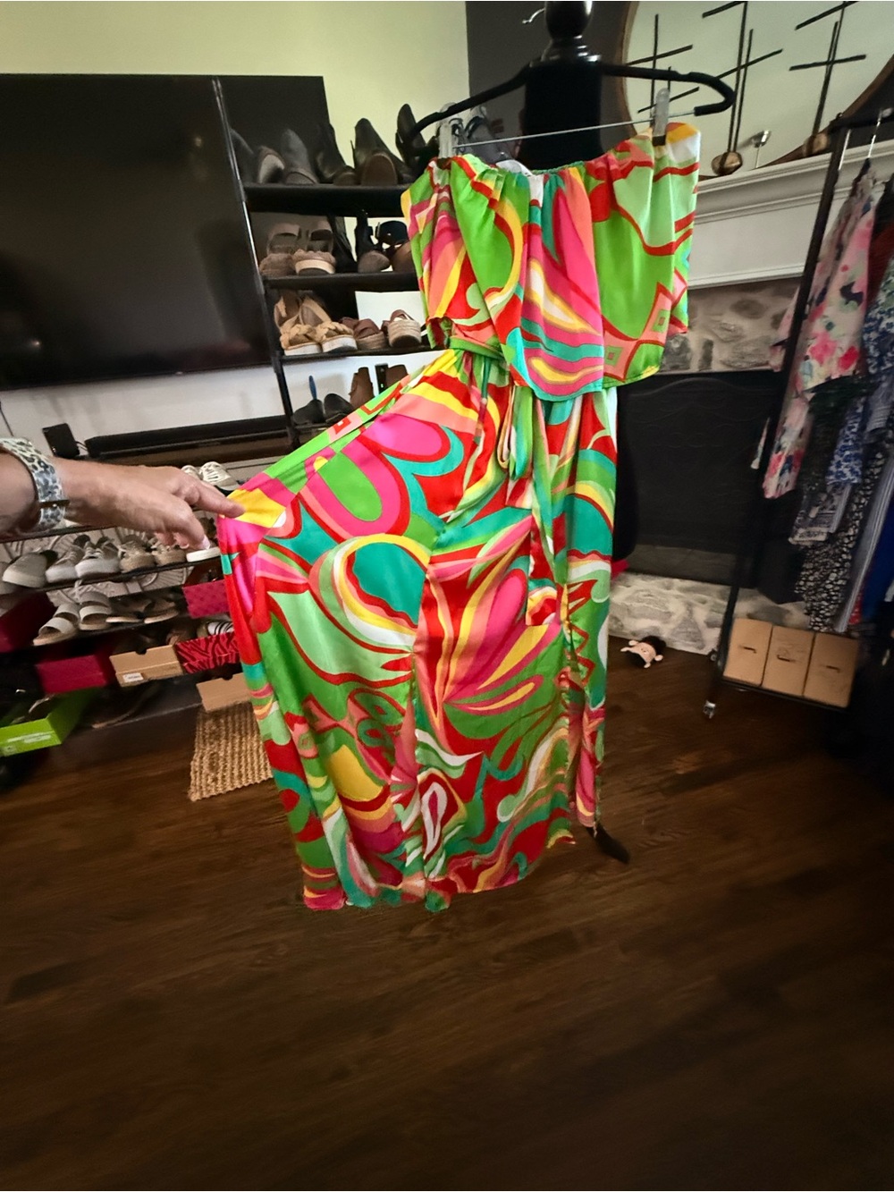 Bright Green Off-Shoulder Maxi Dress with Multi-Color Print